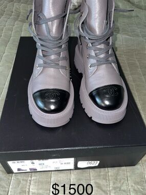 CHANEL Gray and Black Lace-Up Combat Boots (Box Label)
